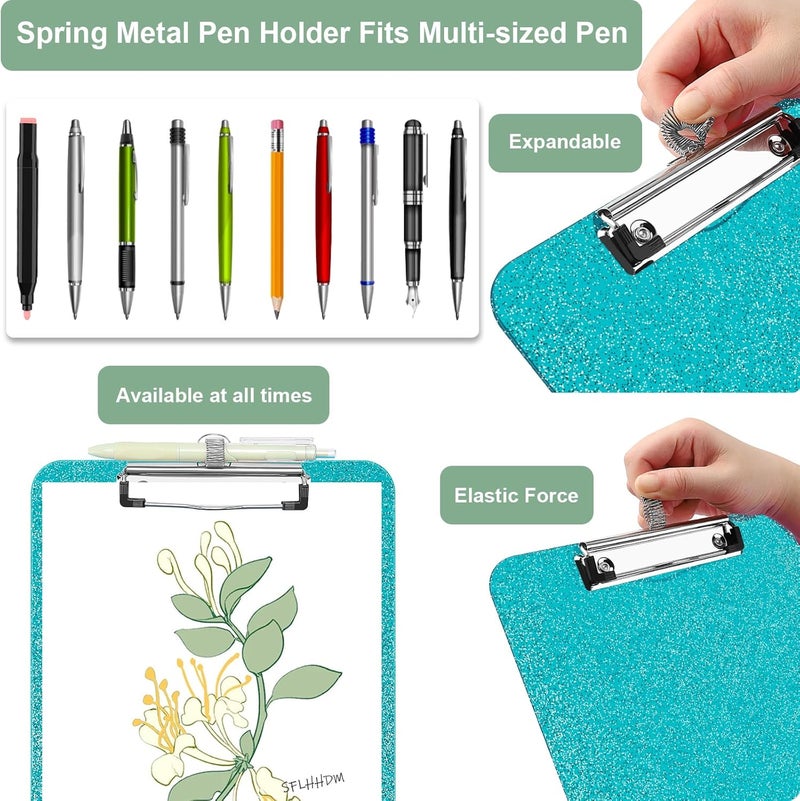 SFLHHDM 1 Pcs Clear Glitter Clipboards, Plastic Clipboard with Pen Holder,Size 8.85 x 12.4 in Shiny Clipboards with Low Profile Clip, Cute Hanging Clipboard for Office School Supplies Sparkly Clip board-Green - Image 2